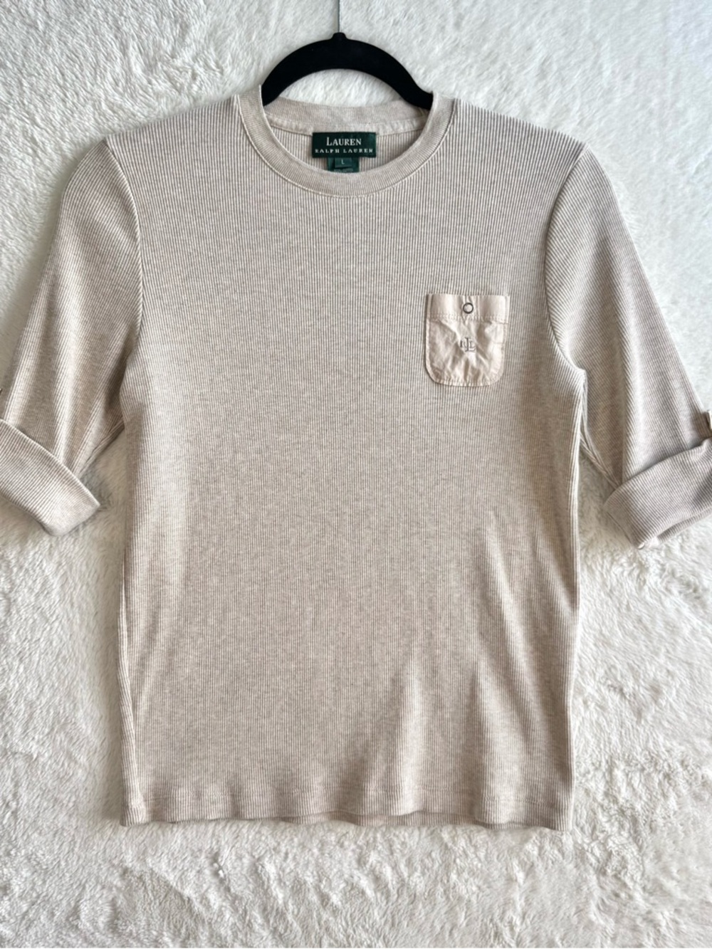 Lauren Ralph Lauren RLL Pocket Tee Women’s Large Beige Rib Knit Minimalist
